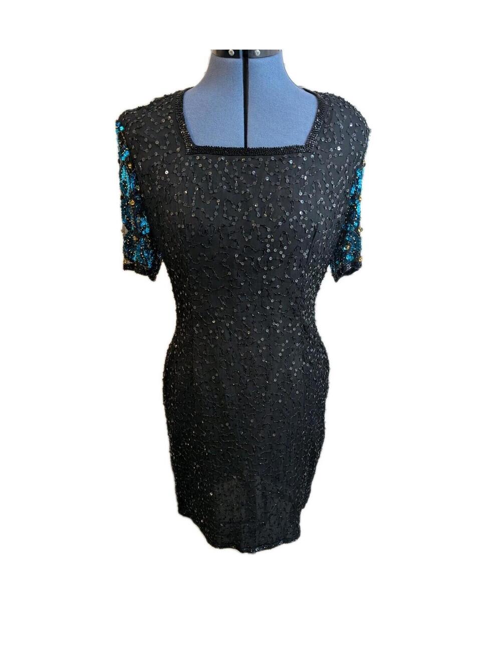 Vintage Stènay 100% Silk Sequin Beaded Knee-length Dress Womens Size 8